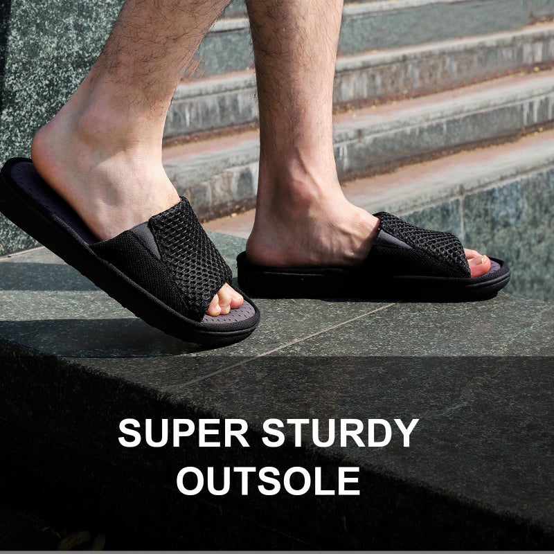 LongBay Men's Comfy Memory Foam Slide Slippers Breathable Mesh Cloth House Shoes (Large / 11-12 D(M) US, Black) - Image 2